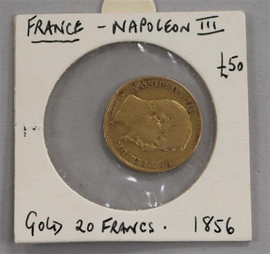 A French Napoleon III 20 Franc gold coin, 1856, 6.4g net, F